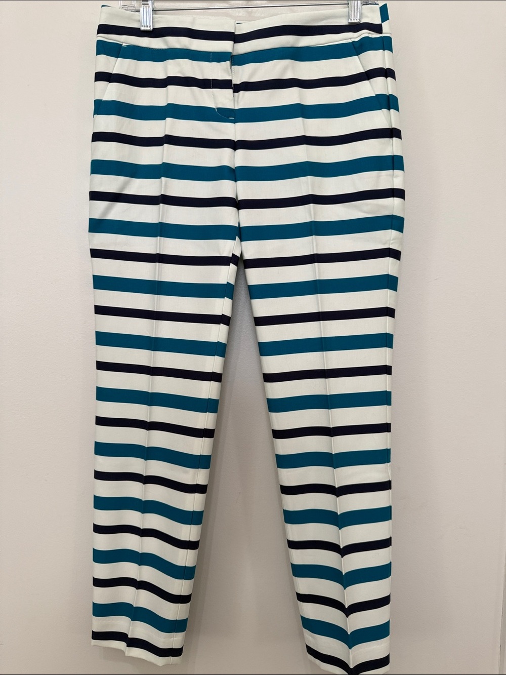 Express White, Teal and Navy Striped Slim Pants
